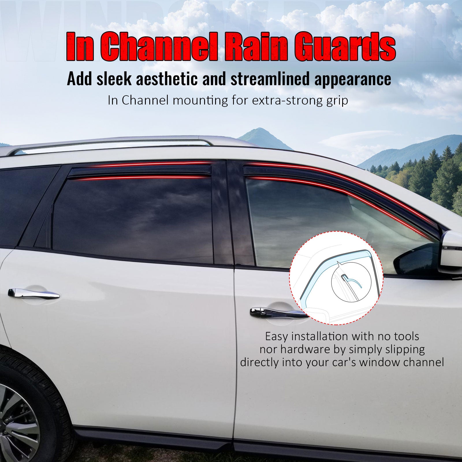For 13-20 Nissan Pathfinder 4PC Side Window Visor Acrylic Deflectors- In-Channel