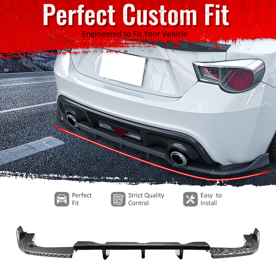 IKON MOTORSPORTS Rear Diffuser, Compatible with 2013-2016 Scion FR-S/Toyota 86 & 2013-2020 Subaru BRZ, IKON Carbon Fiber Print PP Shark Fin Rear Bumper Valance Spoiler, Air Dam Chin Splitter 3PCS