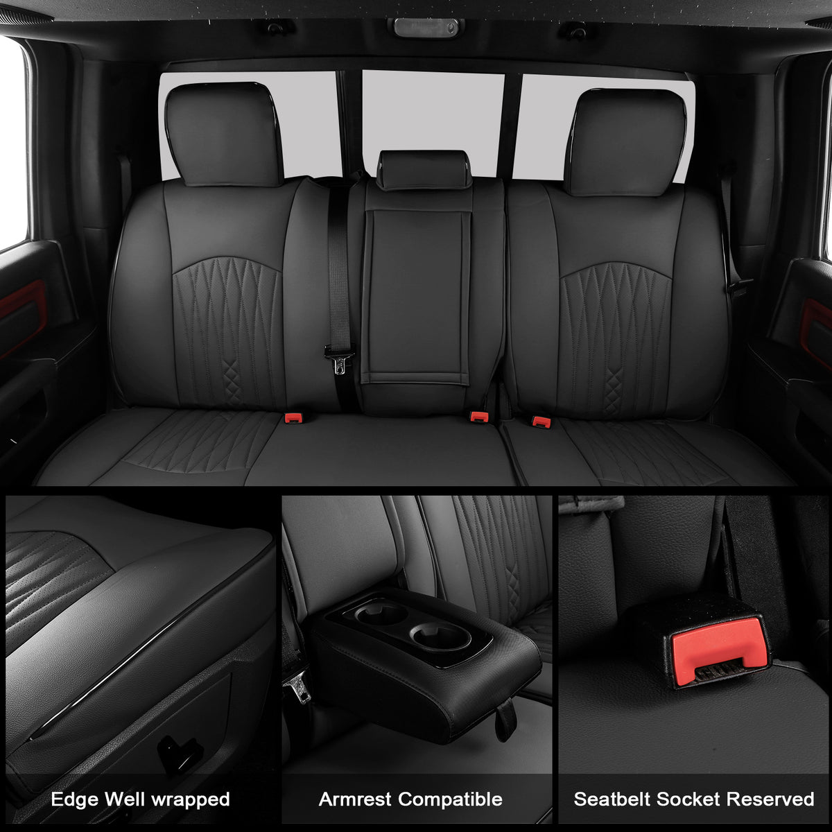 IKON MOTORSPORTS Car Seat Covers Compatible with 2013-2025 Dodge Ram 1500& 2013-2026 2500& 2017-2026 3500, Waterproof Easy Clean PVC Driver Seat Cushion Protector Cover (Full Set, Black)