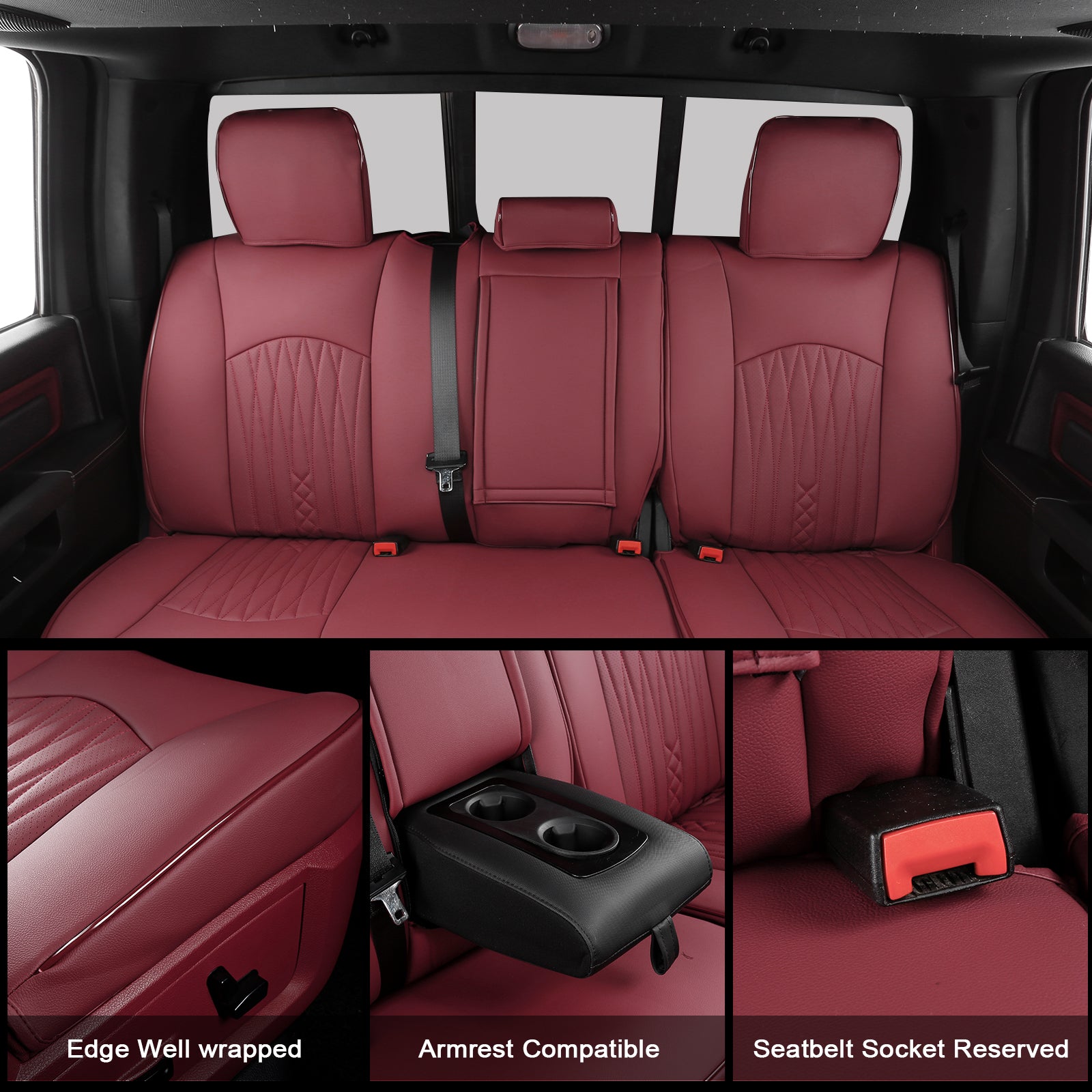 IKON MOTORSPORTS Car Seat Covers Compatible with 2013-2025 Dodge Ram 1500& 2013-2026 2500& 2017-2026 3500, Waterproof Easy Clean PVC Driver Seat Cushion Protector Cover (Full Set, Red)