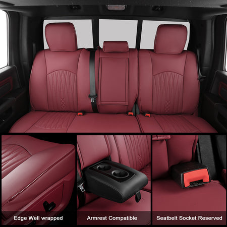 IKON MOTORSPORTS Car Seat Covers Compatible with 2013-2025 Dodge Ram 1500& 2013-2026 2500& 2017-2026 3500, Waterproof Easy Clean PVC Driver Seat Cushion Protector Cover (Full Set, Red)