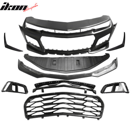 IKON MOTORSPORTS Front Bumper Covers W/ ABS Canards, Compatible with 2014-2015 Chevrolet Camaro, ZL1 Style Unpainted Black PP Bumper Conversion + Under Body Panel Bodykit Replacement