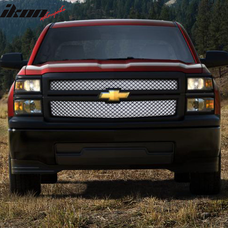 IKON MOTORSPORTS Front Upper Grille, Compatible with 2014-2015 Chevrolet Silverado 1500, B Style Black ABS Plastic Replacement Front Bumper Hood Grill 1PC
