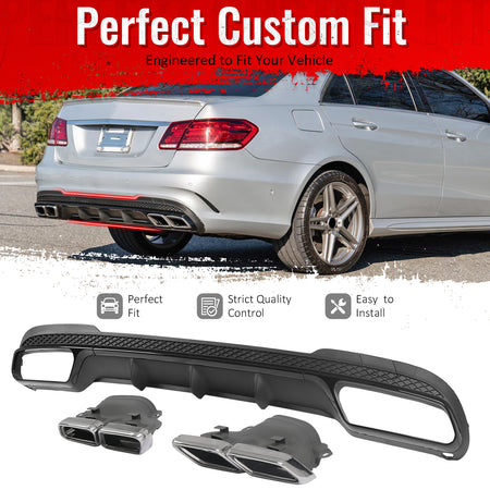 IKON MOTORSPORTS Rear Diffuser w/ Quad Square Exhaust Tips Fits 2014-2016 Benz E-Class W212 Sedan (E250 E350 E400 E550) E63 Style Primer Black Shark Fin Rear Bumper Lip W/ Stainless Steel Silver Tips