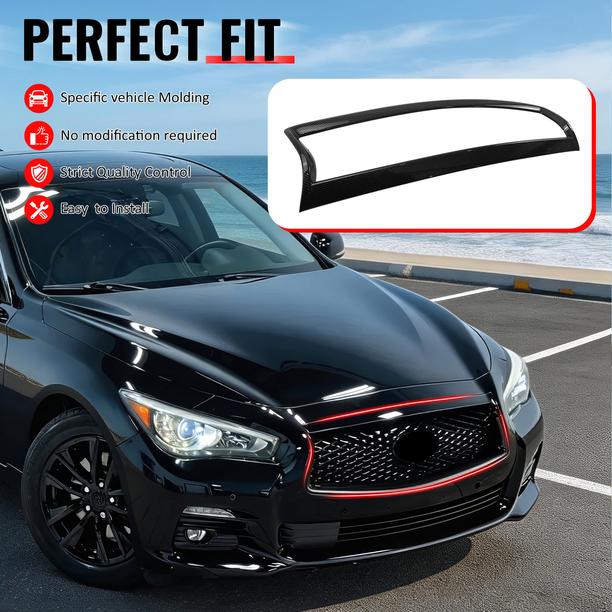 IKON MOTORSPORTS Front Upper Grille Frame, Compatible with 2014-2017 Infiniti Q50, OE Style Carbon Fiber Print ABS Replacement Front Bumper Hood Grill Outline Cover Trim