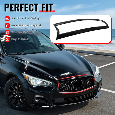 IKON MOTORSPORTS Front Upper Grille Frame, Compatible with 2014-2017 Infiniti Q50, OE Style Carbon Fiber Print ABS Replacement Front Bumper Hood Grill Outline Cover Trim