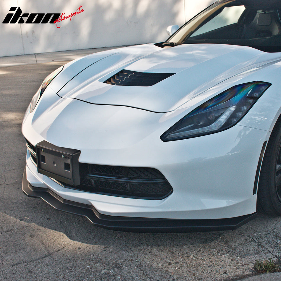 IKON MOTORSPORTS Front Bumper Lip, Compatible with 2014-2019 Chevrolet Corvette, Unpainted Black PU Polyurethane Air Dam Chin Spoiler Protector Splitter
