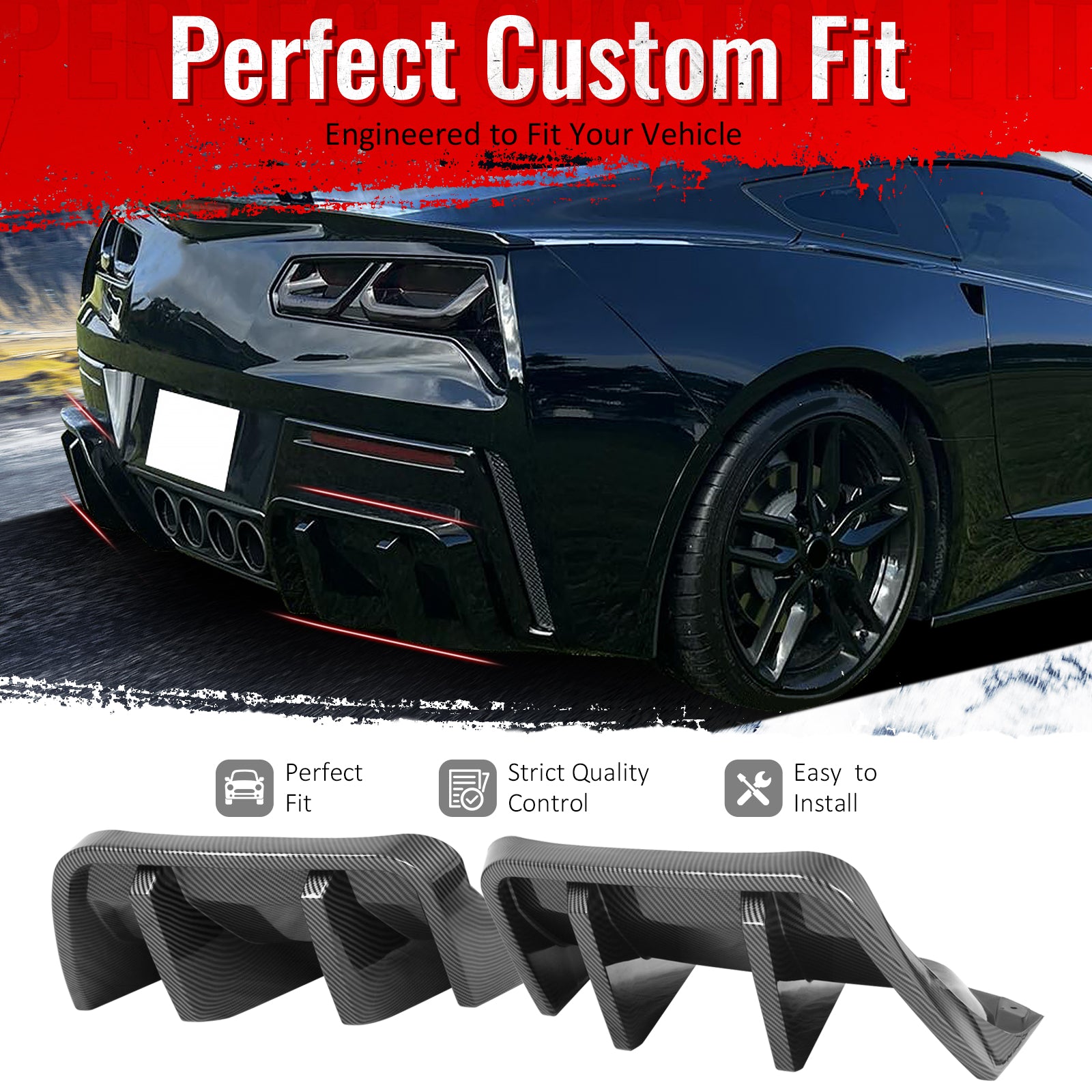 IKON MOTORSPORTS Rear Bumper Lip, Compatible with 2014-2019 Chevrolet Corvette C7 Convertible Coupe, IKON Style Carbon Fiber Print PP Shark Fin Rear Lower Spoiler Air Dam Chin Valance Splitter 4PCS