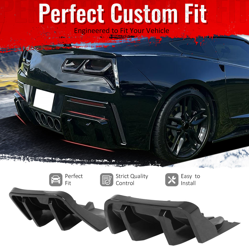 IKON MOTORSPORTS Rear Bumper Lip, Compatible with 2014-2019 Chevrolet Corvette C7 Convertible Coupe, IKON Style Gloss Black PP Injection Shark Fin Rear Lower Spoiler Air Dam Chin Valance Splitter 4PCS