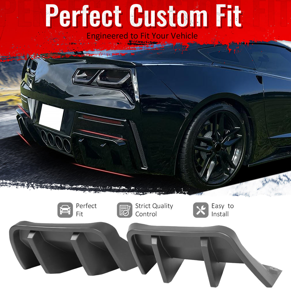 IKON MOTORSPORTS Rear Bumper Lip, Compatible with 2014-2019 Chevrolet Corvette C7 Convertible Coupe, IKON Style Matte Black PP Injection Shark Fin Rear Lower Spoiler Air Dam Chin Valance Splitter 4PCS