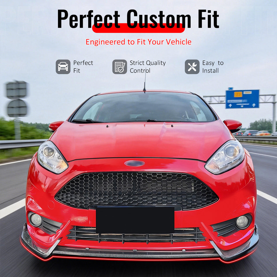 IKON MOTORSPORTS Front Bumper Lip Splitters, Compatible with 2014-2019 Ford Fiesta ST & ST Line, IKON Style Carbon Fiber Print ABS Plastic Air Dam Chin Spoiler Protector Splitter 3PCS