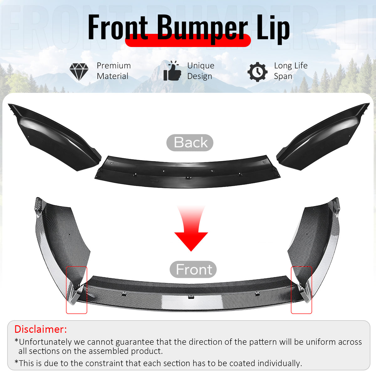 Fits 14-19 Ford Fiesta ST & ST Line IKON Front Bumper Lip Carbon Fiber Print 3PC