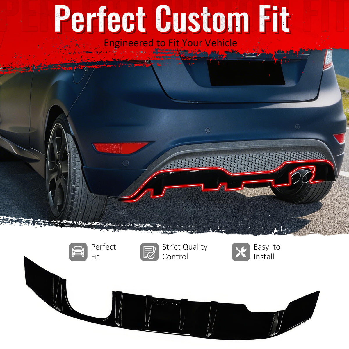 IKON MOTORSPORTS Rear Diffuser, Compatible with 2014-2019 Ford Fiesta ST & ST Line, IKON Style Gloss Black ABS Plastic Shark Fin Rear Bumper Valance Spoiler, Air Dam Chin Splitter Molding