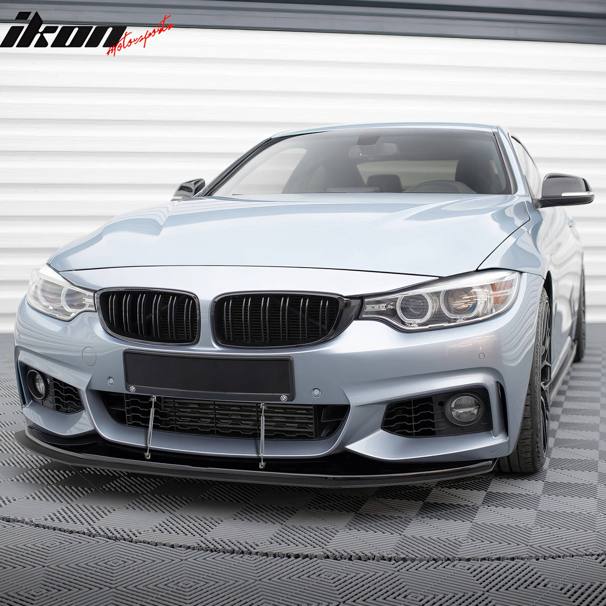 IKON MOTORSPORTS Front Bumper Lip+ Splitter+ Gunmetal Strut Rods, Compatible with 2014-2020 BMW 4-Series F32 F33 F36 M Sport, Unpainted Black PU Chin Spoiler& MX Style Matte Black ABS Lower Guard 2PCS
