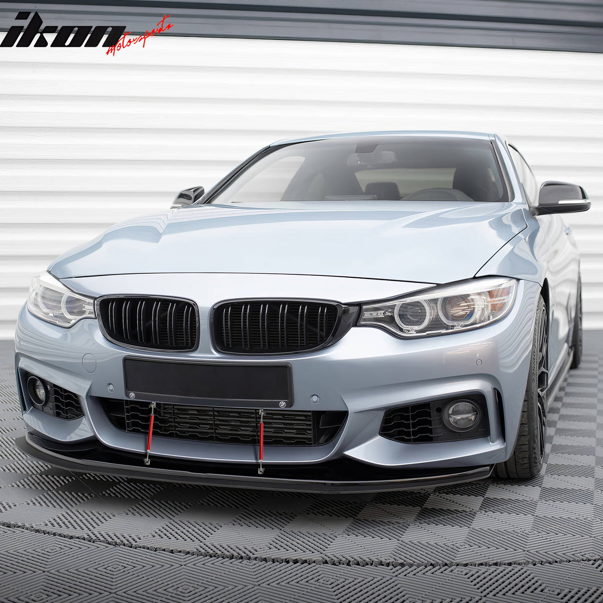 IKON MOTORSPORTS Front Bumper Lip+ Splitter+ Red Strut Rods, Compatible with 2014-2020 BMW 4-Series F32 F33 F36 M Sport, Unpainted Black PU Chin Spoiler& MX Style Matte Black ABS Lower Guard 2PCS