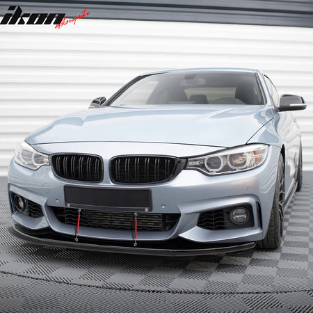 IKON MOTORSPORTS Front Bumper Lip+ Splitter+ Red Strut Rods, Compatible with 2014-2020 BMW 4-Series F32 F33 F36 M Sport, Unpainted Black PU Chin Spoiler& MX Style Matte Black ABS Lower Guard 2PCS