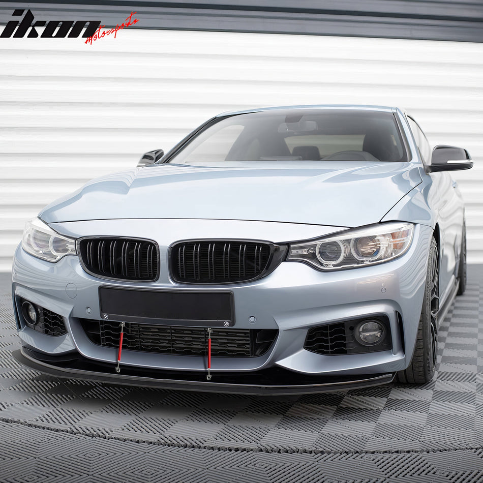 IKON MOTORSPORTS Front Bumper Lip+ Splitter+ Red Strut Rods, Compatible with 2014-2020 BMW 4-Series F32 F33 F36 M Sport, Unpainted Black PU Chin Spoiler& MX Style Matte Black ABS Lower Guard 2PCS