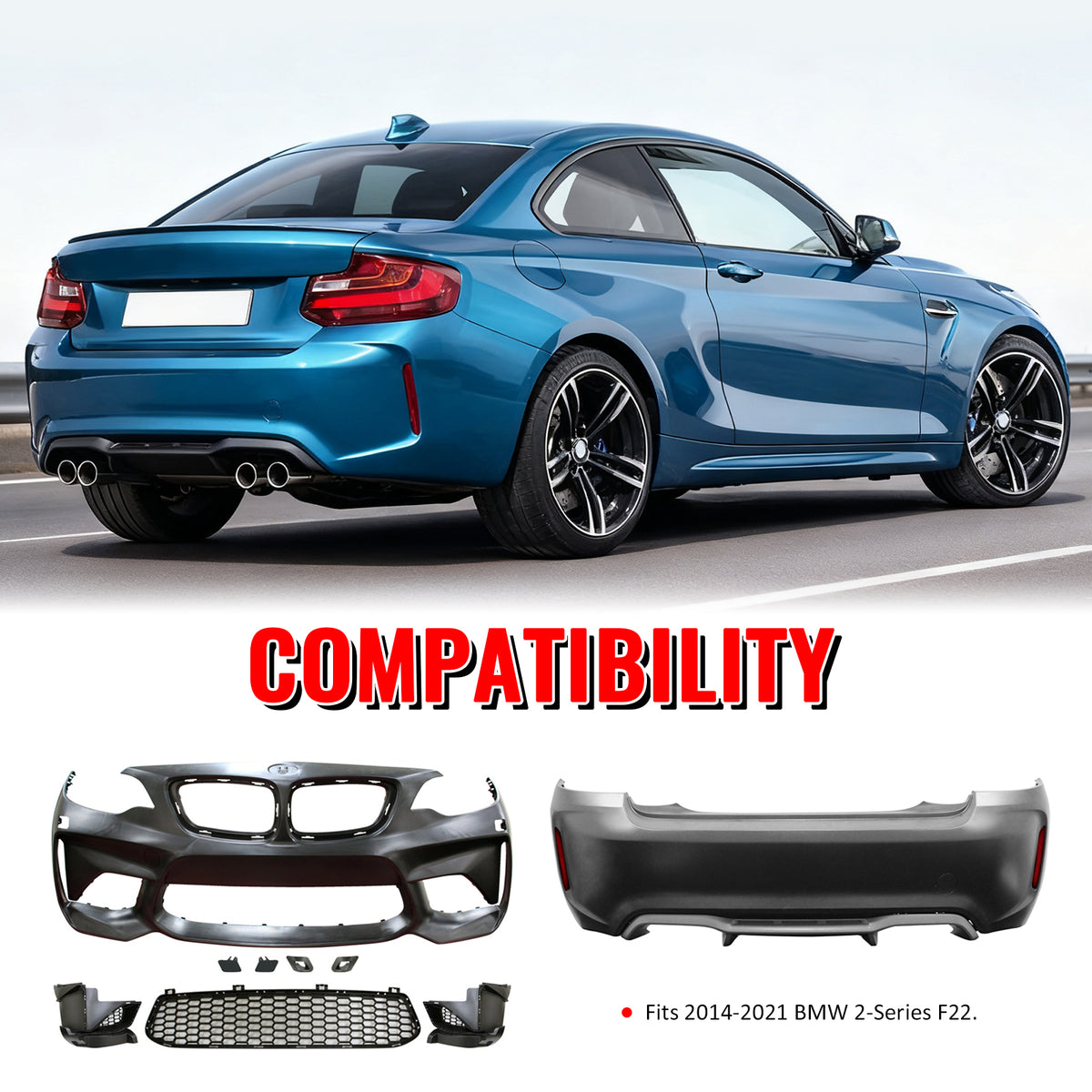 Fits 14-21 BMW F22 F23 2 Series M2 Style Front Rear Bumper Cover Replacement PP