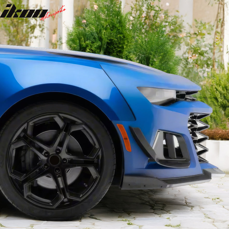 IKON MOTORSPORTS, Front Canards Replacement Compatible With 2014-2024 Chevrolet Camaro, ZL1 Style Unpainted Black ABS Plastic Front Bumper Side Canards Dive Planes Fin 2PCS