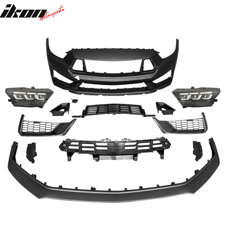 IKON MOTORSPORTS Front Bumper Covers, Compatible with 2015-2017 Ford Mustang V6 EcoBoost GT, 2024+ Dark Horse Handling Package Unpainted PP Replacement Bumper Conversion With Switchback Headlights