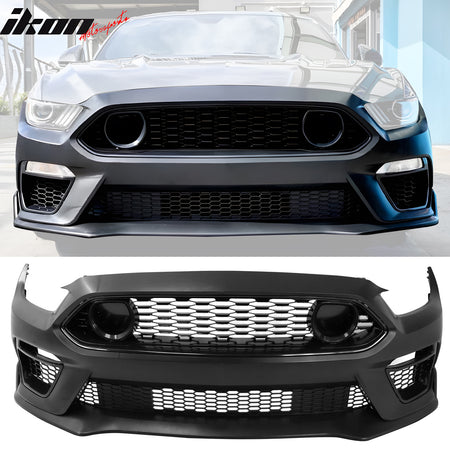 IKON MOTORSPORTS, Front Bumper Cover Compatible With 2015-2017 Ford Mustang EcoBoost & GT, Mach 1 Style PP Primer Black Bumper Conversion With Grills Fog Covers 2024 LED Headlights