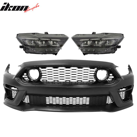 IKON MOTORSPORTS Front Bumper Covers W/ Chin Lip + 2024 Style Switchback Headlights, Compatible with 2015-2017 Ford Mustang EcoBoost GT, Mach 1 Unpainted PP Bumper Conversion W/ Fog Covers Grilles