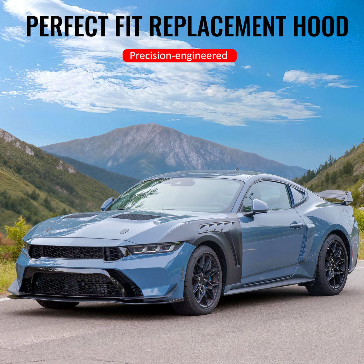 IKON MOTORSPORTS Hood Panel, Compatible with 2015-2017 Ford Mustang V6/GT/GT350 Coupe & Convertible, GTD Style Aluminum Black Engine Front Bumper Hood Engine Bonnet Cover