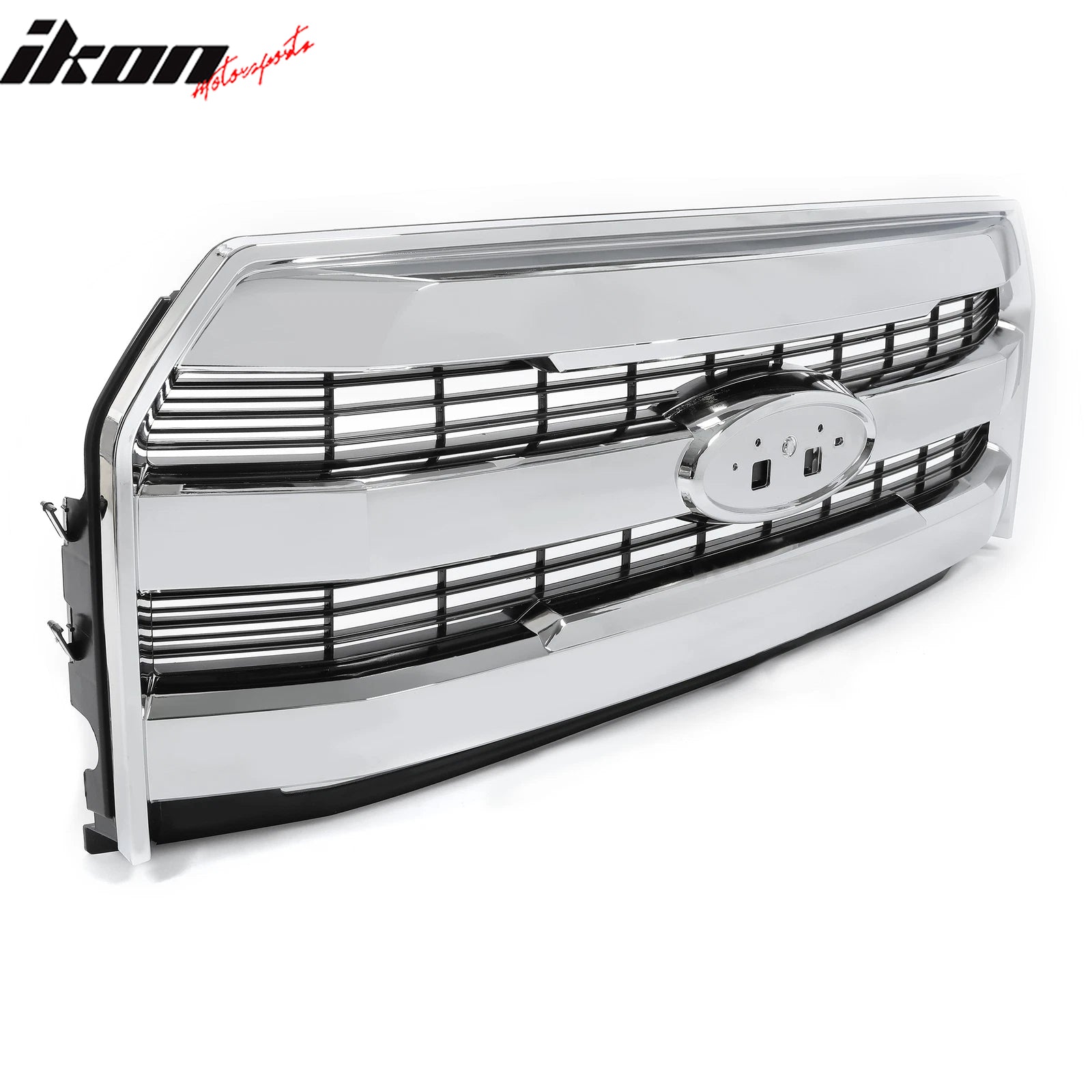 IKON MOTORSPORTS Front Bumper Grille with Emblem Recess, Compatible with 2015-2017 Ford F-150 Lariat / King Ranch, Chrome Matte Black ABS Plastic Replacement Front Bumper Hood Grill Assembly 1PC