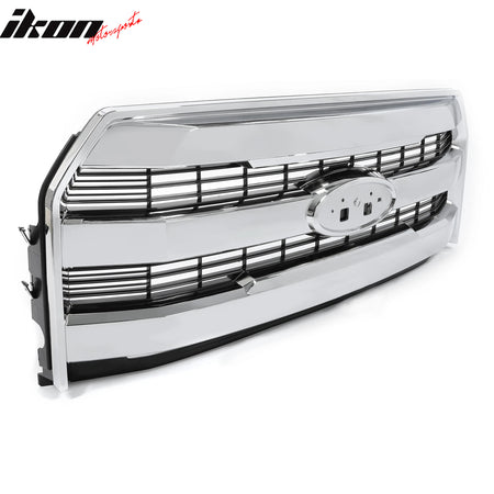 IKON MOTORSPORTS Front Bumper Grille with Emblem Recess, Compatible with 2015-2017 Ford F-150 Lariat / King Ranch, Chrome Matte Black ABS Plastic Replacement Front Bumper Hood Grill Assembly 1PC