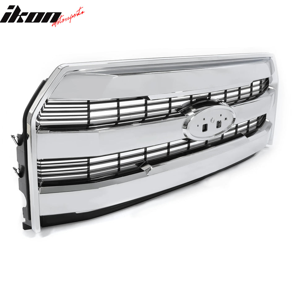 IKON MOTORSPORTS Front Bumper Grille with Emblem Recess, Compatible with 2015-2017 Ford F-150 Lariat / King Ranch, Chrome Matte Black ABS Plastic Replacement Front Bumper Hood Grill Assembly 1PC