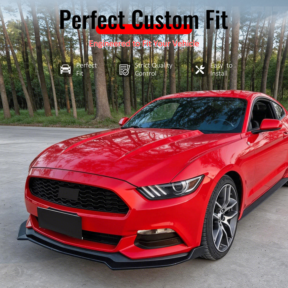 IKON MOTORSPORTS Front Bumper Lip Splitters, Compatible with 2015-2017 Ford Mustang V6 & Ecoboost & GT, IKON V2 Style Gloss Black ABS Plastic Air Dam Chin Spoiler Protector Splitter 3PCS