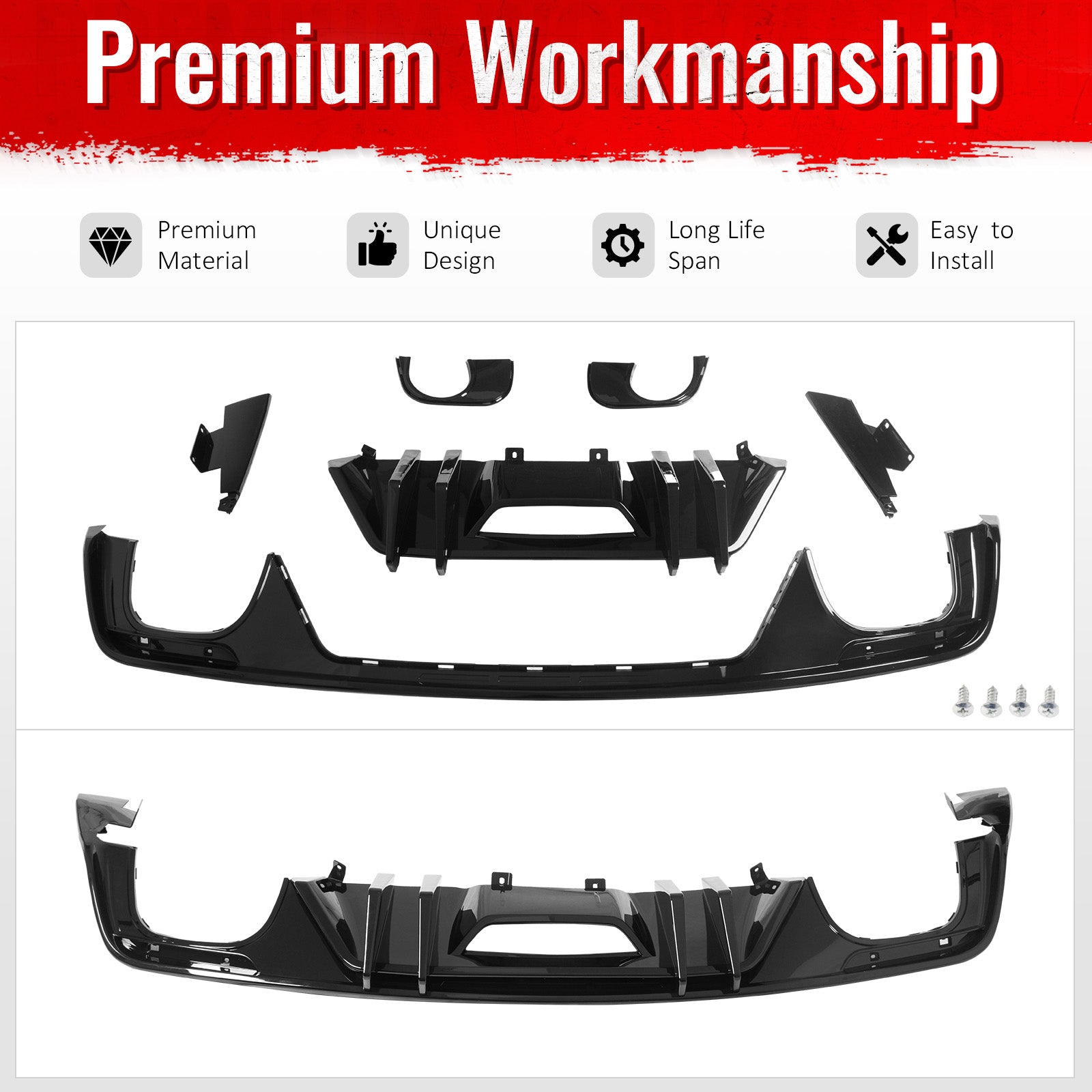 Fits 15-17 Ford Mustang Competition Rear Bumper Lip Diffuser PP 4PCS Gloss Black