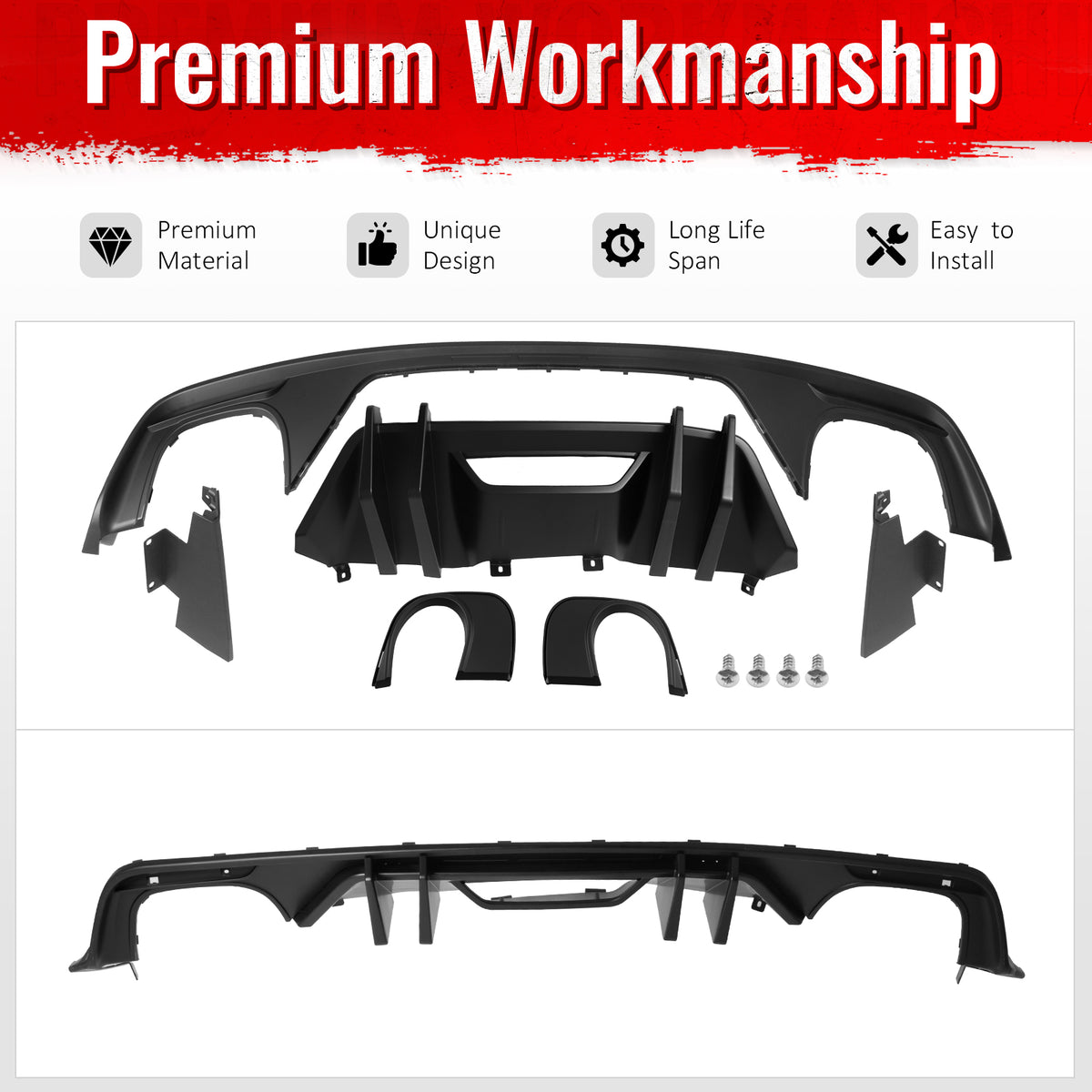 Fits 15-17 Ford Mustang Competition Rear Bumper Lip Diffuser PP 4PCS Matte Black