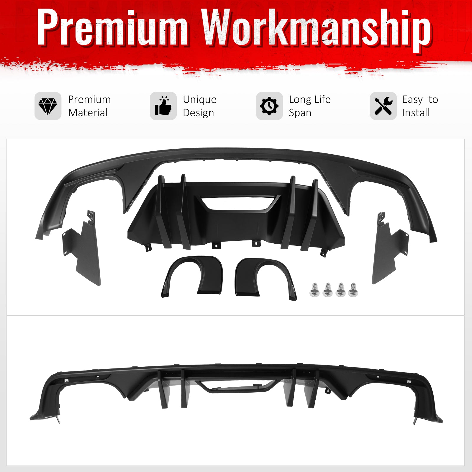 Fits 15-17 Ford Mustang Competition Rear Bumper Lip Diffuser PP 4PCS Matte Black