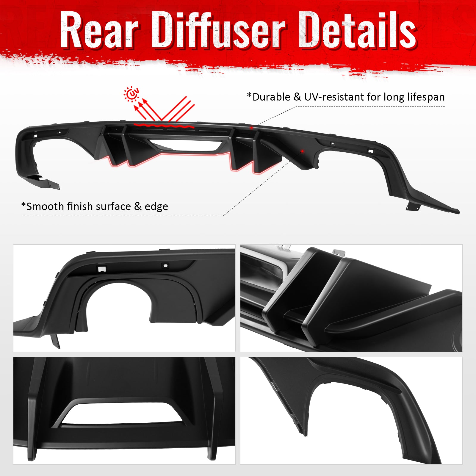Fits 15-17 Ford Mustang Competition Rear Bumper Lip Diffuser PP 4PCS Matte Black