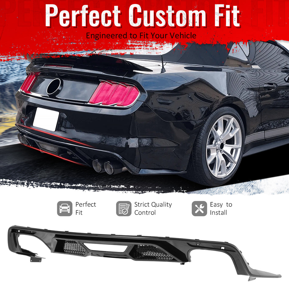IKON MOTORSPORTS Rear Bumper Lip, Compatible with 2015-2017 Ford Mustang GT V6 Convertible Coupe 2DR, GT500 Style Gloss Black PP Injection Rear Lower Spoiler Air Dam Chin Valance Splitter 4PCS