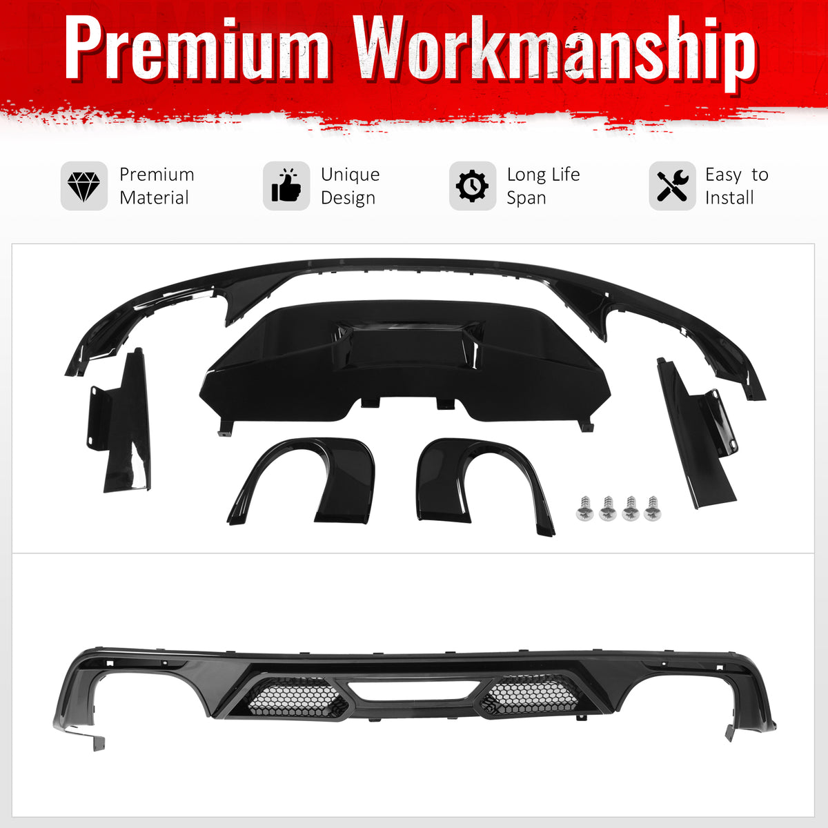 Fits 15-17 Ford Mustang GT500 Style Rear Bumper Lip Diffuser PP 4PCS Gloss Black