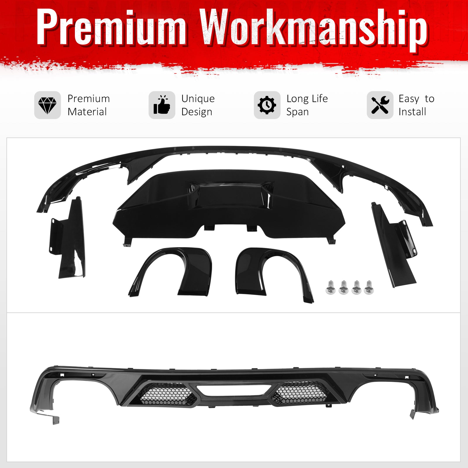 Fits 15-17 Ford Mustang GT500 Style Rear Bumper Lip Diffuser PP 4PCS Gloss Black