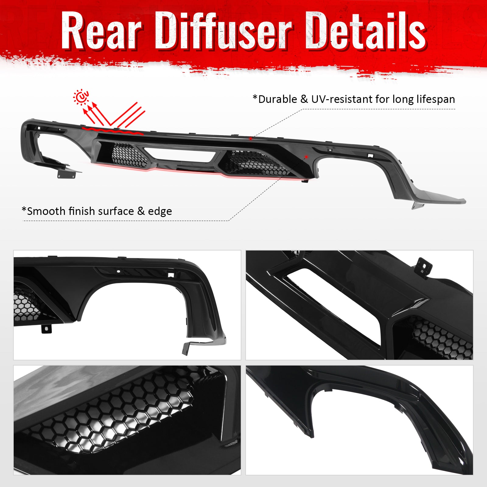 Fits 15-17 Ford Mustang GT500 Style Rear Bumper Lip Diffuser PP 4PCS Gloss Black