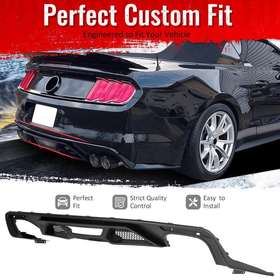 IKON MOTORSPORTS Rear Bumper Lip, Compatible with 2015-2017 Ford Mustang GT V6 Convertible Coupe 2DR, GT500 Style Matte Black PP Injection Rear Lower Spoiler Air Dam Chin Valance Splitter 4PCS