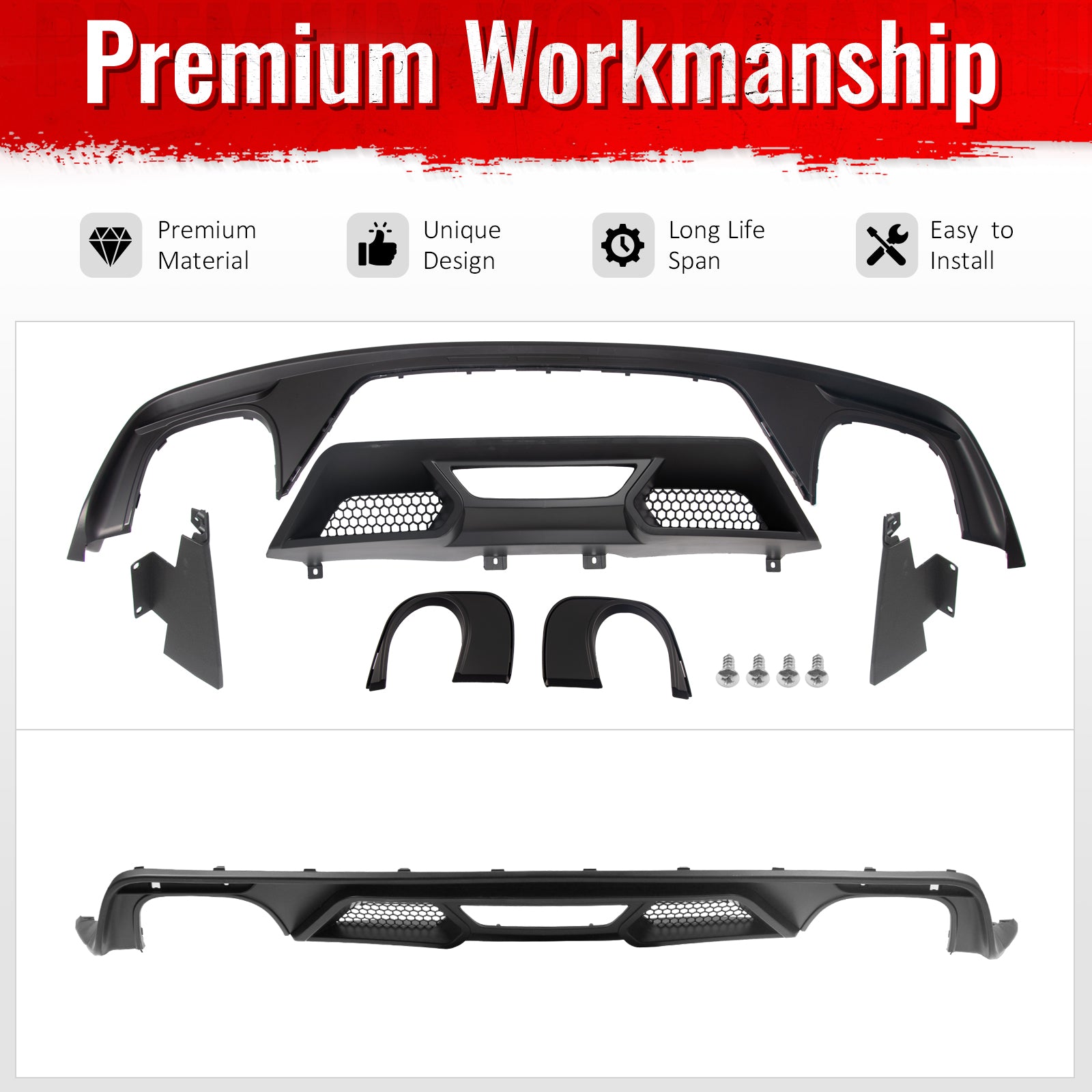 Fits 15-17 Ford Mustang GT500 Style Rear Bumper Lip Diffuser PP 4PCS Matte Black