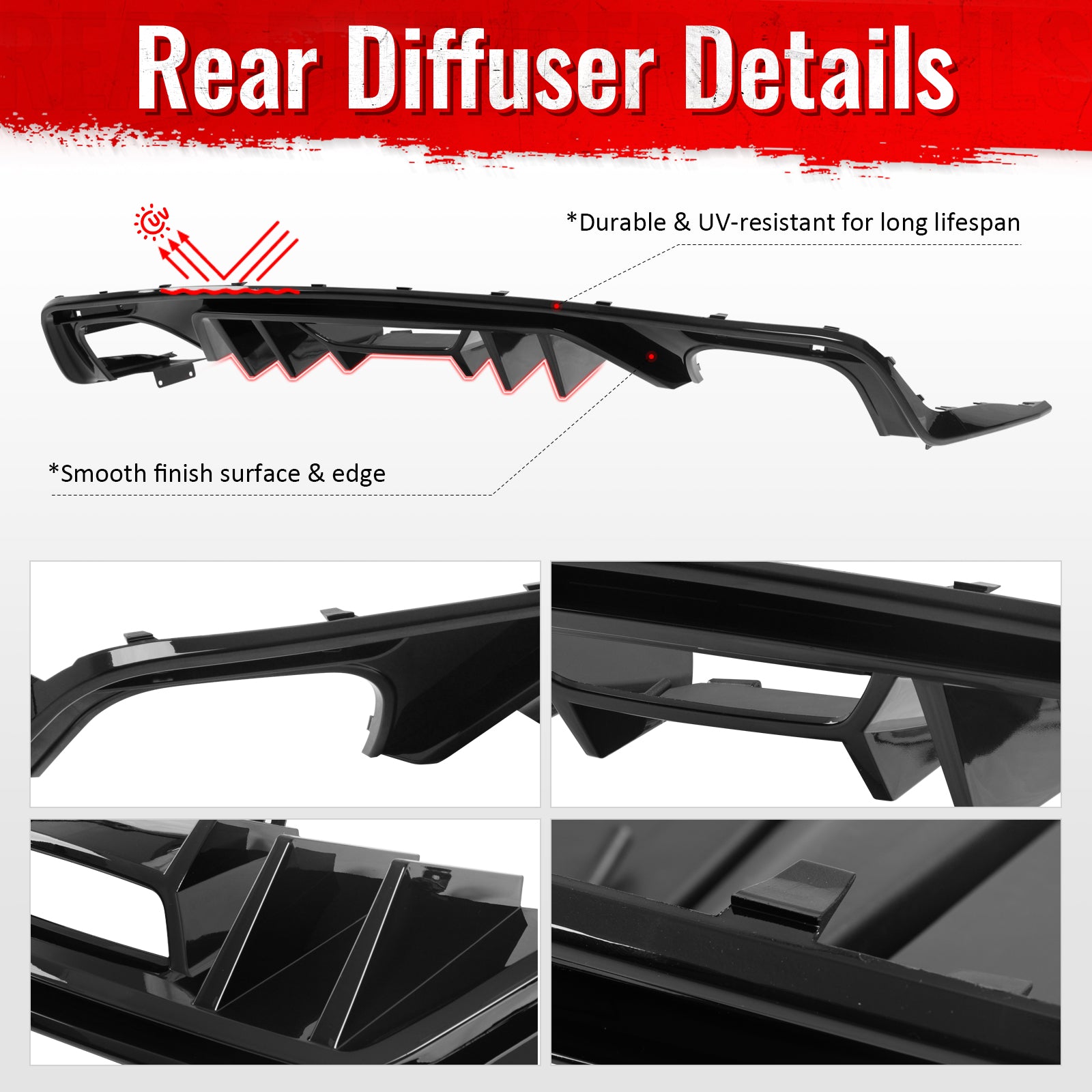 IKON MOTORSPORTS Rear Bumper Lip, Compatible with 2015-2017 Ford Mustang GT V6 Convertible Coupe 2DR, Rock Style PP Shark Fin Rear Lower Spoiler Air Dam Chin Valance Splitter 4PCS