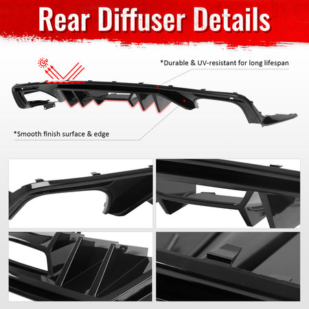 IKON MOTORSPORTS Rear Bumper Lip, Compatible with 2015-2017 Ford Mustang GT V6 Convertible Coupe 2DR, Rock Style PP Shark Fin Rear Lower Spoiler Air Dam Chin Valance Splitter 4PCS