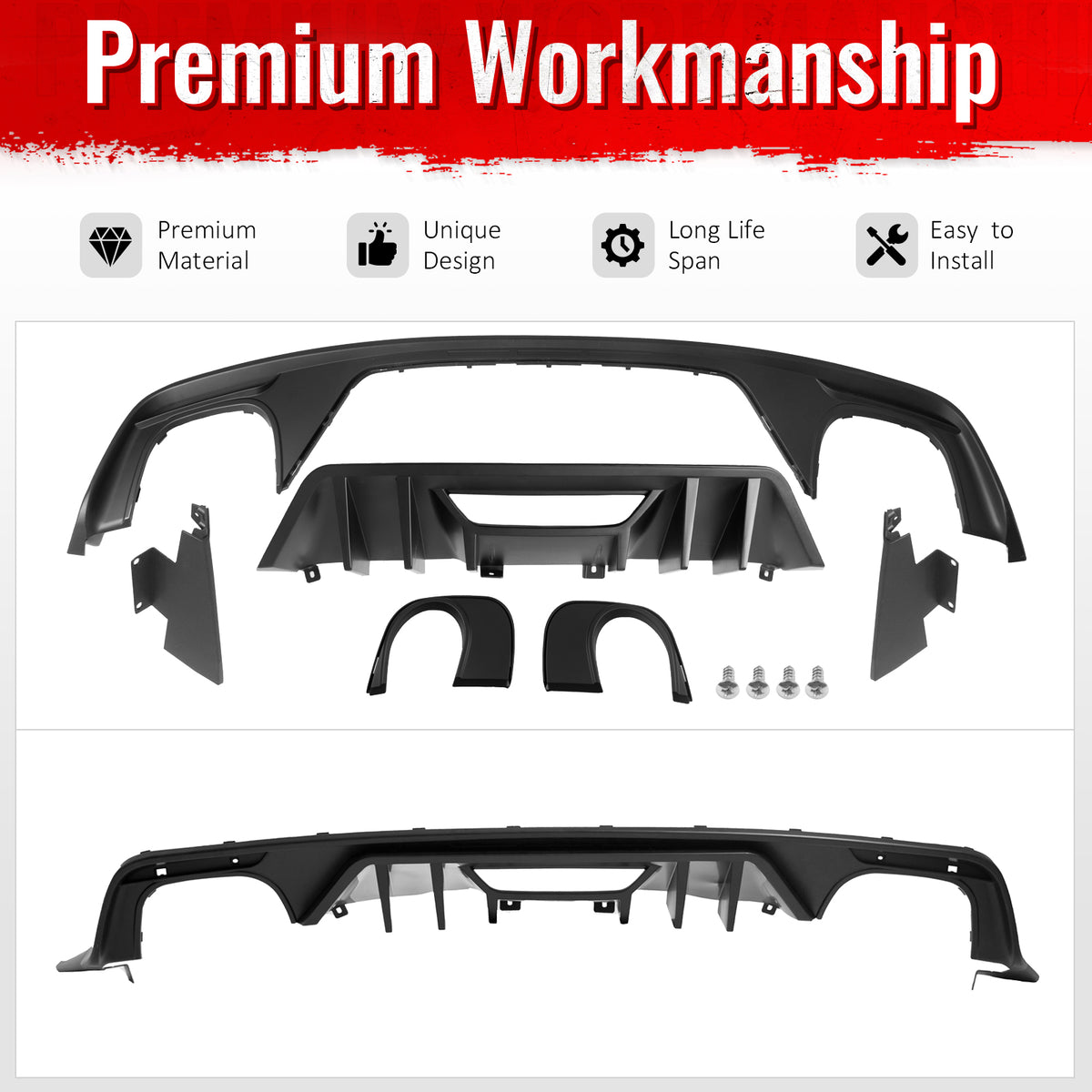 IKON MOTORSPORTS Rear Bumper Lip, Compatible with 2015-2017 Ford Mustang GT V6 Convertible Coupe 2DR, Rock Style PP Shark Fin Rear Lower Spoiler Air Dam Chin Valance Splitter 4PCS
