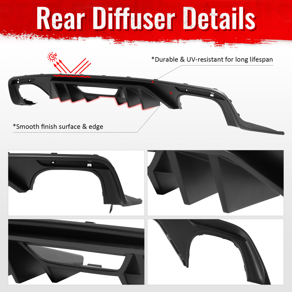 IKON MOTORSPORTS Rear Bumper Lip, Compatible with 2015-2017 Ford Mustang GT V6 Convertible Coupe 2DR, Rock Style PP Shark Fin Rear Lower Spoiler Air Dam Chin Valance Splitter 4PCS