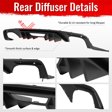 IKON MOTORSPORTS Rear Bumper Lip, Compatible with 2015-2017 Ford Mustang GT V6 Convertible Coupe 2DR, Rock Style PP Shark Fin Rear Lower Spoiler Air Dam Chin Valance Splitter 4PCS
