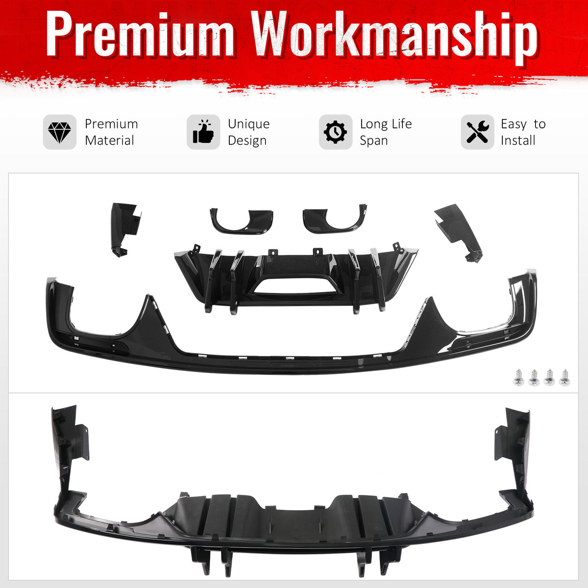 Fits 15-17 Ford Mustang Speed Style Rear Bumper Lip Diffuser PP 4PCS Gloss Black