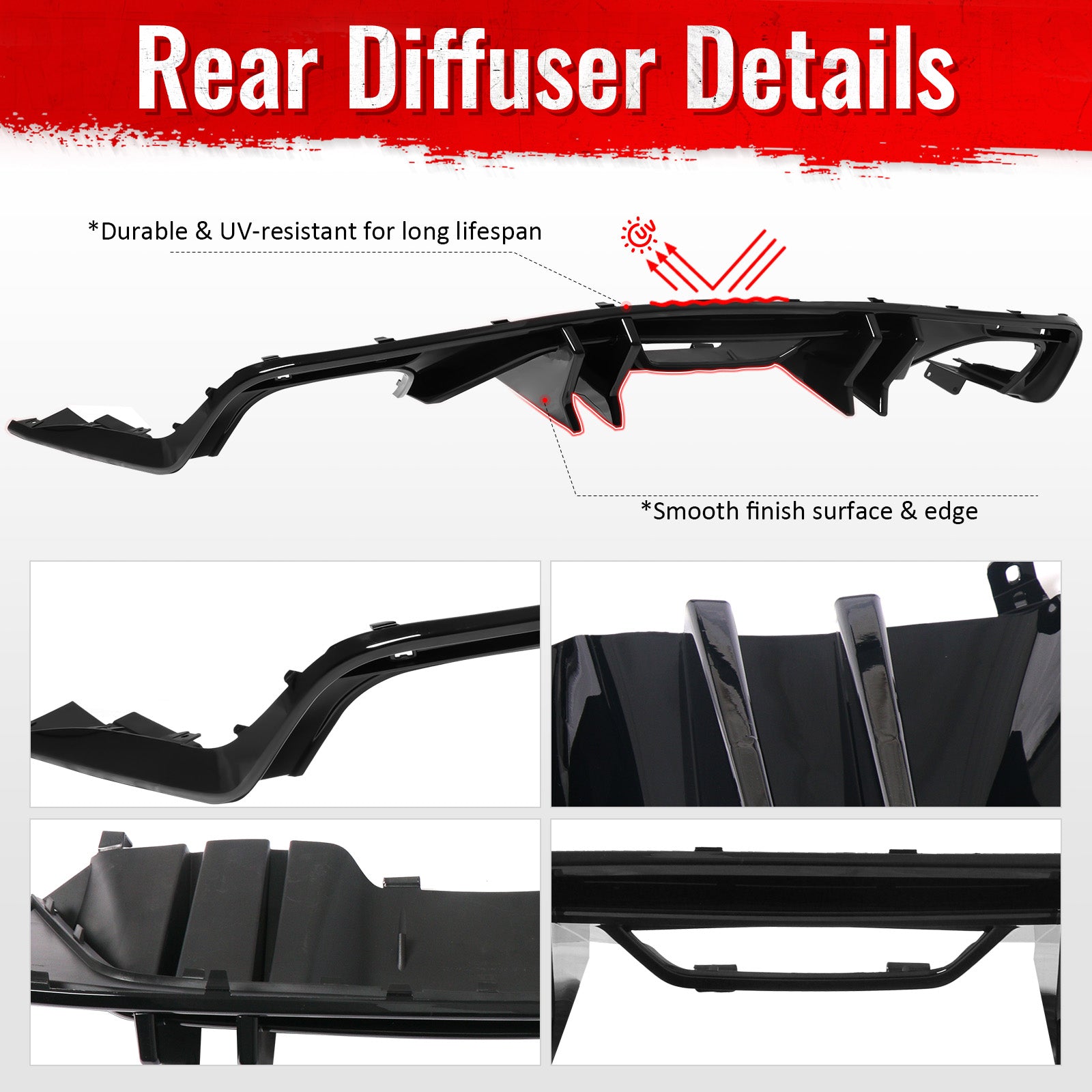 Fits 15-17 Ford Mustang Speed Style Rear Bumper Lip Diffuser PP 4PCS Gloss Black