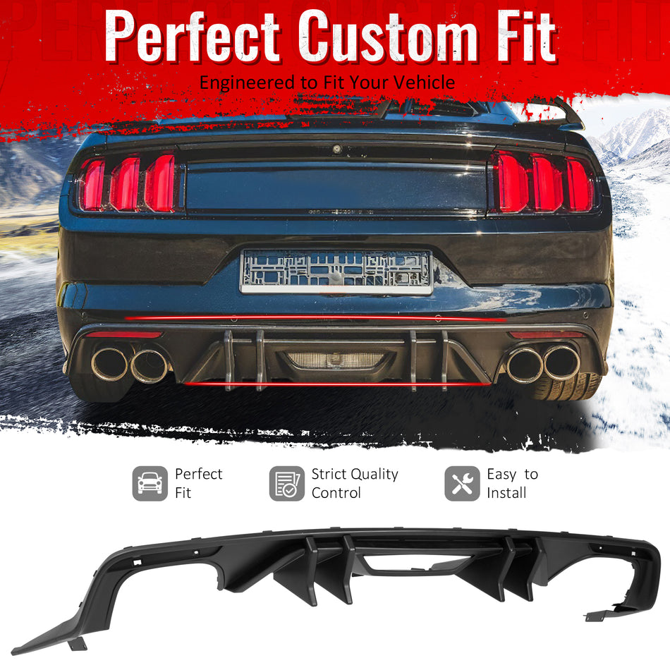 IKON MOTORSPORTS Rear Bumper Lip, Compatible with 2015-2017 Ford Mustang GT V6 Convertible Coupe 2DR, Speed Style Matte Black PP Shark Fin Rear Lower Spoiler Air Dam Chin Valance Splitter 4PCS