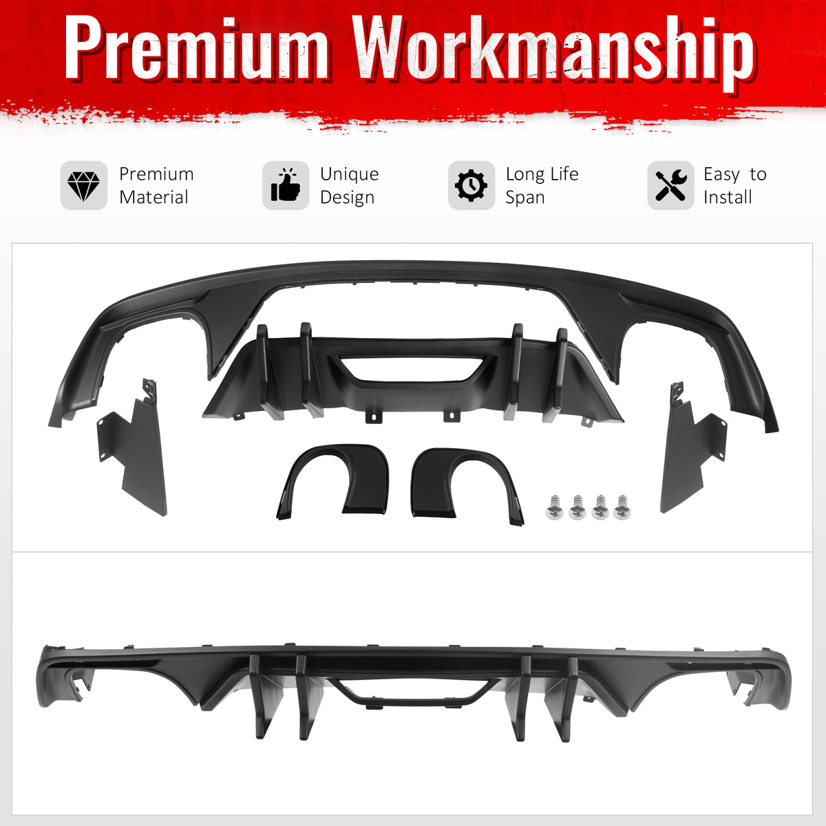 Fits 15-17 Ford Mustang Speed Style Rear Bumper Lip Diffuser PP 4PCS Matte Black